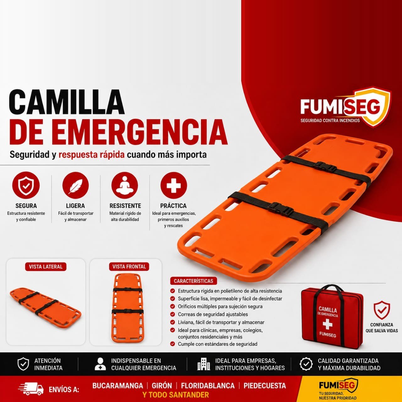 Camilla de emergencia en polietileno rígido con correas de seguridad ajustables para empresas y clínicas