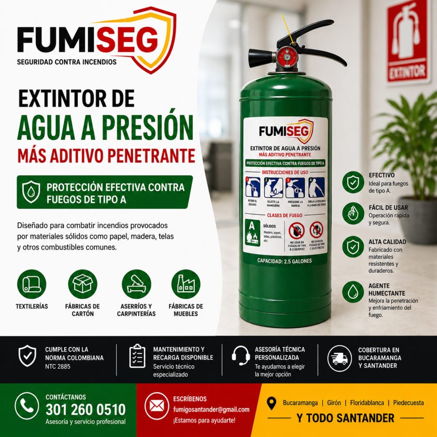 Extintor de agua a presión 2.5 galones clase A con aditivo penetrante para papel, madera y textiles