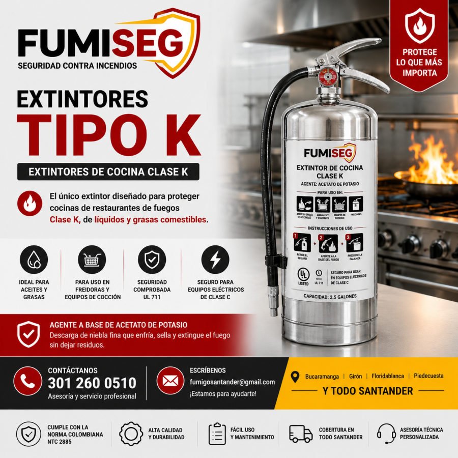 Extintor tipo K para cocinas de restaurantes, fuegos clase K de aceites y grasas, UL 711
