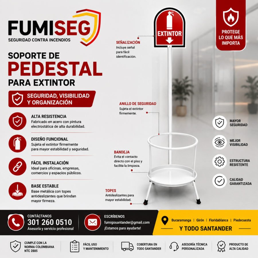 Soporte tipo pedestal para extintor en acero con señalización, anillo de seguridad y base antideslizante