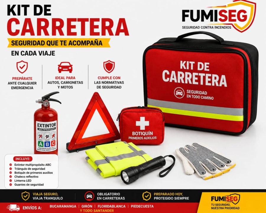 Kit de carretera FUMISEG con extintor ABC, triángulo, botiquín, chaleco reflectivo y linterna LED